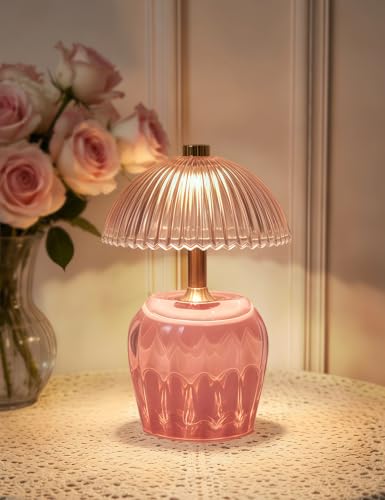 UMLAEN Battery Operated Lamp with Timer, Glass Bedside Table Lamp