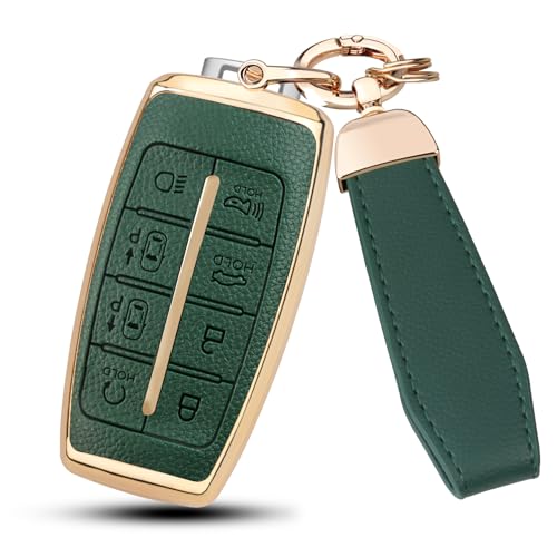 QBUC for Genesis Key Fob Cover with Keychain, Leather Texture Key Protection Case Fit for Genesis G70 G80 G90 GV70 GV80 GV90 8 Buttons Smart Key (Green, 8-Button)
