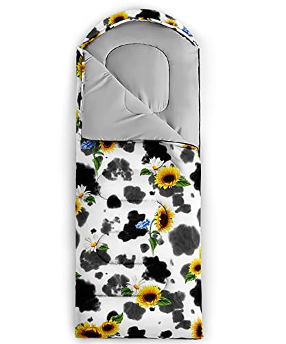 Bsntho Cow Pattern Sunflower Printed Camping Sleeping Bags,3 Season Warm & Cool Weather,Lightweight,Waterproof Sleeping Bags For Adults & Kids,Traveling,And Outdoors,Camping Gear Equipment,31X90Inch #TOP3