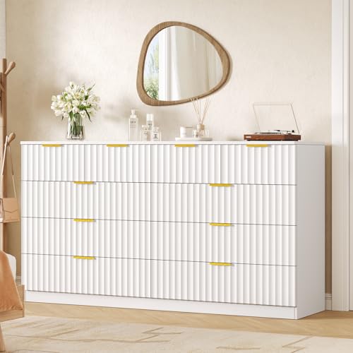Image of 55.1 inch Wide Fluted 10 Drawer Dresser for Bedroom, White | Modern Dresser for Closet with Metal Handle, Wooden Chest of Drawers for Bedroom, Living Room, Hallway