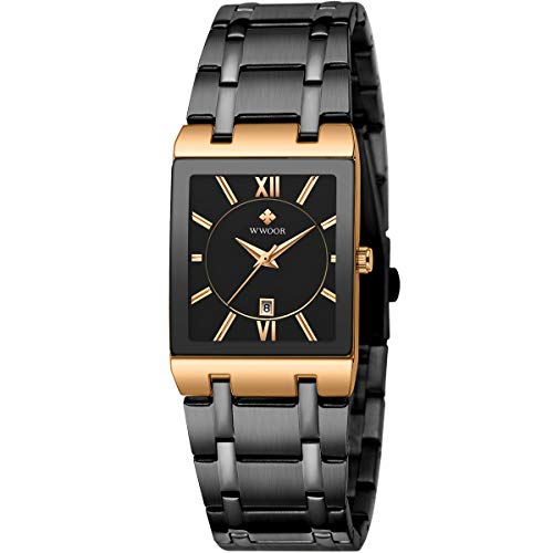 WWOOR Square Watches for Men Stainless Steel Mens Square Watch with Date Original Waterproof Analog Quartz Fashion Business Casual Wristwatch