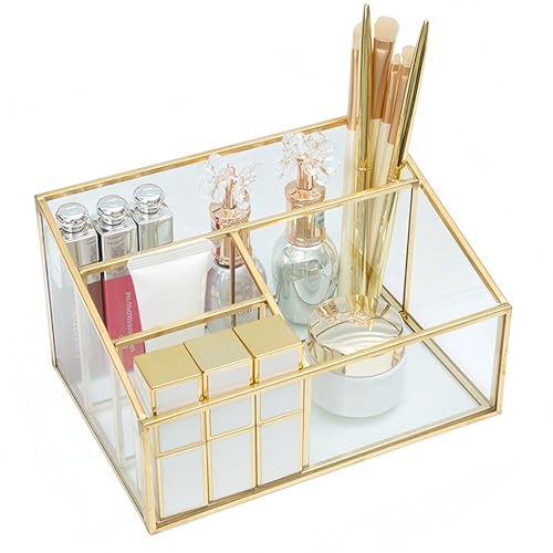 HARLIANGXY Soporte para Brochas de Maquillaje Dorado, 4 Compartimentos Organizador de Belleza, Almacenamiento de Pinceles de Maquillaje, Vintage Cosmético Organizador, Organizador de Maquillaje Vidrio