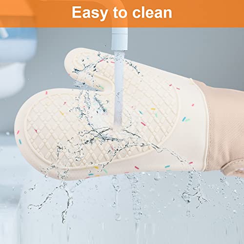 Oven Mitts 13" Extra Long,Oven Mitts And Pot Holders 3Pcs Set,Silicone + Cotton Lining + Cotton,Easy Clean,500F° Heat Resistant Silicone Oven Mitt,Potholders For Kitchen Baking(Beige) #TOP4