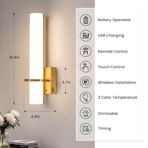 Image of AIJIASI Battery Operated Gold Wall Sconces - 15 Inch Modern Sconce Wall Lighting 3000K-6000K Dimmable LED Wall Sconces Set of Two, Indoor Bathroom Sconce for Living Room Bedroom Hallway Stairway