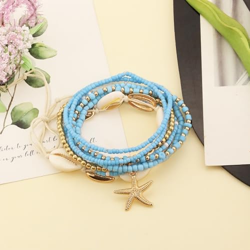 Image of Shell Anklets Bracelet for Women Waterproof Surfer Starfish Bracelet Puka Shell Anklet Colorful Boho Stack Stretch Bead Bracelet Set Hawaii Summer Beach Vacation Foot Jewelry