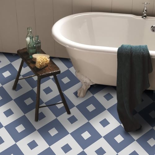 Alwayspon 20 piezas de azulejos antideslizantes impermeables blancos y azules para cocina, baño, sala de estar, suelos de vinilo, autoadhesivos, adhesivos de vinilo para despegar y pegar.