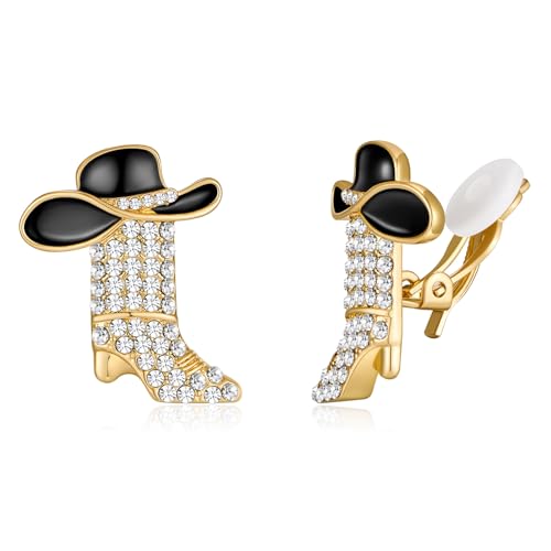 Western Boots Earrings - Cowgirl Cowboy Enamel Hat Bohemian Rodeo Boot Country Clip On Earrings, Fashion Statement Jewelry for Women
