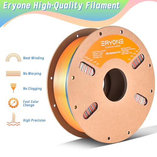 ERYONE Ultra Silk PLA Filament, Silky Glossy Finish Filament, Fast Color Change Rainbow PLA 1.75mm, +/-0.03mm, 1kg(2.2LBS)/Spool, Vibrant Rainbow