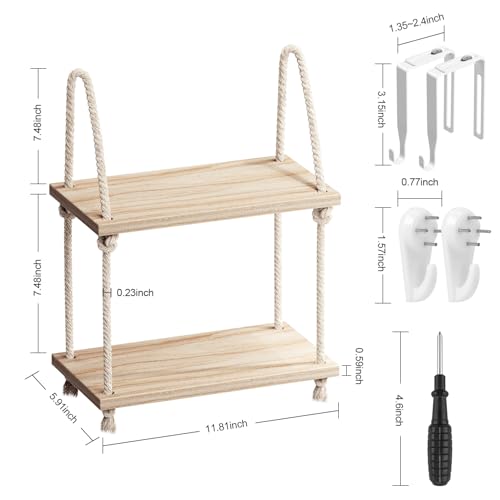 YOYUTOX 2 Tier Cubicle Shelf for Walls, 11.8\" Wooden Hanging Wall Shelf with Hooks & Cotton Rope, Boho Style Office Cubicle Accessories for Work, Desk Wall Storage Organizer for Office Decor - Thumbnail 3