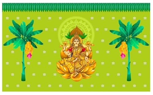 Image of varamahalakshmi Backdrop | Lakshmi Pooja Backdrop, Size 5x8 feet Light Green Colour | Lakshmi puja Background Decoration | Lakshmi Devi Backdrop Cloth for Decoration