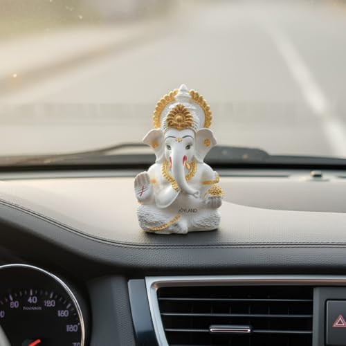 Image of JOY LAND Lord Ganesha Car Dashboard Idol | White & Gold Ganesh Murti for Car Dashboard, Home & Office Decor (White Gold)