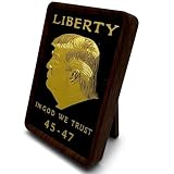 President Donald J. Trump Liberty Freestanding Desk Sign & Fridge Magnet, Wooden Frame, Black Background, Gold Emblem of the Famous Trump Coin FACE, Liberty, in GOD WE Trust and 45-47.