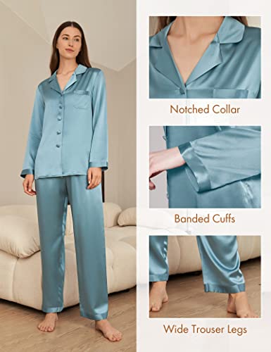 Lilysilk Silk Pajamas For Women 100% Mulberry Silk 22 Momme Pajama Set Long Sleeve Button Down Sleepwear & Wide Trouser-Leg Pants L, Blue Haze #TOP2