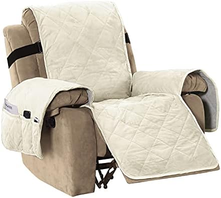 H.VERSAILTEX Thick Velvet Quilted Recliner Covers for Recliner Chair Covers Reclining Chair Slipcover Recliner Couch Cover with Non Slip Backing and Wider Elastic Strap (Oversaized Recliner, Ivory)