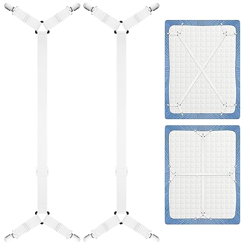 Morcheiong 2 Pack Bed Sheet Fasteners Straps Adjustable Bed Sheet Holder Bands with Sheet Clips for Bedding Stays Bedsheet Tie Downs - White