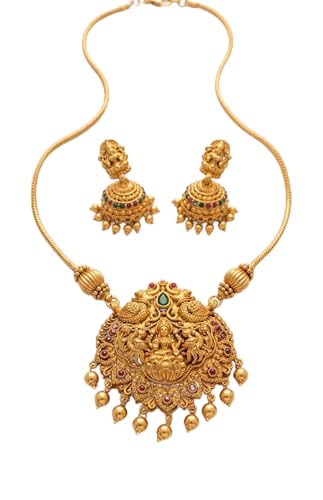 Image of Traditional Gold-Plated Lakshmi Temple Pendant Necklace Set for Women | Antique South Indian Jewelry with Jhumka Earrings | Ethnic Bridal, Wedding & Festive Jewelry Set