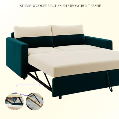 Image of SOCOZI Enrique 2-Seater Pull-Out Sofa Cum Bed | Soft Velvet Suede Fabric, Convertible Sofa Bed for Bedroom (Green Teal-Cream)