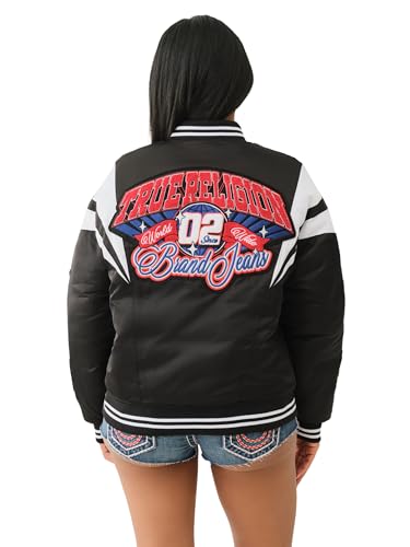 True Religion Women's TR Satin Oversized Varsity Bomber Jacket - Jet Black | Zip-Up Bomber with Ribbed Cuffs4