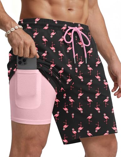 COOFANDY Mens Swim Trunks with Compression Liner Cruise Essentials 7 Inch Bathing Suit Beach Short with Zipper Pockets Pink Flamingo