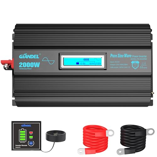 GIANDEL Convertisseur 12V 220V Pur Sinus 2000W Onduleur Onde sinusoïdale Pure Transformateur avec Écran LCD 2x2.4A USB Télécommande pour la Maison, RV, Camion, Hors réseau Solaire