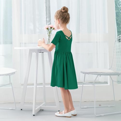 Stelle Girls Dress Short Sleeve Toddler Skater Twirl A Line Solid Color T-Shirt Dress for School Casual (Evergreen Without Pocket, 7 Years) — view 5