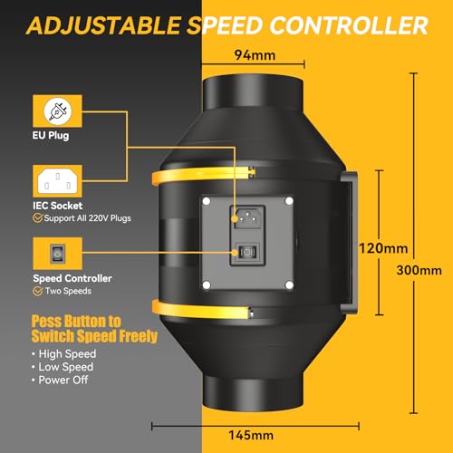 Miniatura 5 de Fangofast Extractor De Aire 100 Mm Con Controlador Ajustable, 230v En Línea Ventilador Extractor De Conducto Con Enchufe Iec Para Baño, Booster, Tienda De Cultivo, Garage, Cucina