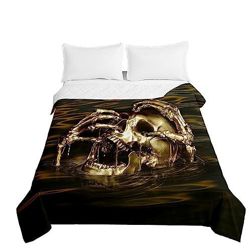 Odot Colcha Bouti de Verano, 3D Calavera Estampado Suave Microfibra Multiusos Cubrecama Lavable Acolchada Edredón Manta para Cama de Infantil Individual Matrimonio (230x260cm,Oro ornamentado)