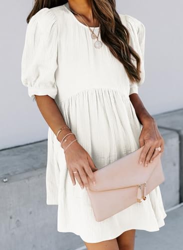 Image of Dokotoo Womens Summer Crewneck Puff Sleeve Babydoll Elegant Empire Waist Mini Swing Skater Dresses with Pockets