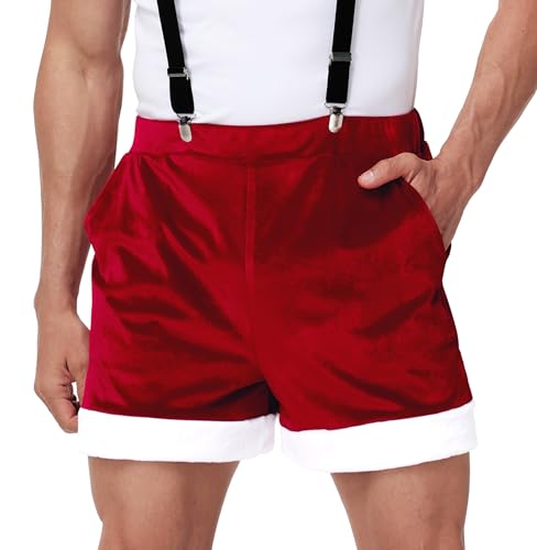 Mens Christmas Santa Shorts Xmas Elastic Waist Red Short Pant Holiday Mr Claus Suspender Shorts S