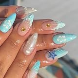 Sommerliche künstliche Fingernägel mit blauem Seestern-Motiv, Mandelform, 3D-Muschel-Design, goldener Seestern und blauem Hibiskusblüten-Design, glänzend, zum Aufkleben, 24 Stück