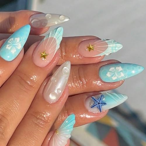 Sommerliche künstliche Fingernägel mit blauem Seestern-Motiv, Mandelform, 3D-Muschel-Design, goldener Seestern und blauem Hibiskusblüten-Design, glänzend, zum Aufkleben, 24 Stück