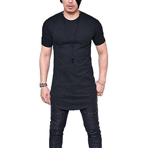 LIWEIKE Mens Solid Extended Hipster Hip Hop Swag Curve Hem Short Sleeve T Shirt (Black, Large)
