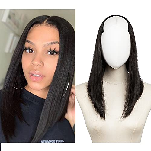 Black U Part Wig Synthetic Hair Extensions Clip in Short Straight Full Head Hair Pieces for Women 16 Inch SARLA