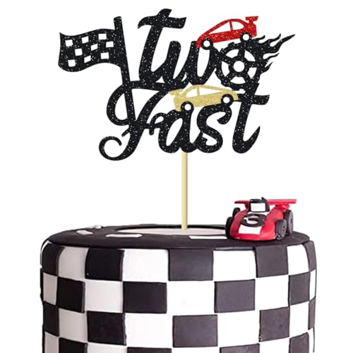 UXYOKM Two Fast Cake Topper Racing Car Checkered Flag 2nd Birthday Themed Cake Pick Boys Girls Kids Second Birthday Party Cake Decorations Supplies