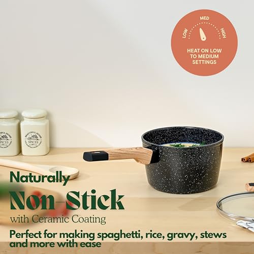 Image of Kreme Ceracook Ceramic Coated Granite Sauce Pan 1.8L /24cm with Glass Lid, ISI Certified Tea, Chai, Sauce Pot, Forged Aluminium, Gas & Induction Use, Non Toxic PFAS & PTFE Free, 1 Yr Warranty, Black