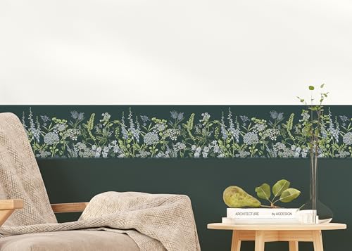 AG Design Selbstklebende Bordüre Wickenblüten auf Braunschweiger Grün, AWB 8524 | Wasserfest Dekoration für Wände, Möbel, Tapeten, Wandverkleidungen und Türen, Folie | Breite 500 cm x Höhe 13.8 cm