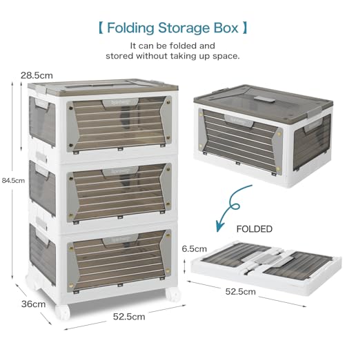 Rainberg Large Storage Boxes with Lids, Strong & Sturdy Plastic Storage Boxes, Stackable Nestable Container for Home & Office use. (White & Grey, 3 Tier 150L Storage)