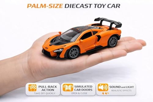 Image of 1:32 Scale Mc-Laren Model Super Car - Exclusive Alloy Metal Pullback Toy with Openable Doors, Lights, and Music for Kids (Orange)