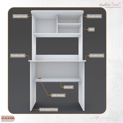Image of Studio Kook Jade Study Computer Table with Shelves, Moonshine White | Engineered wood, 81.9x45x152 cm, 77.9x58.3 cm desk top at 76 cm, hutch shelves, cable outlet. Chair not included