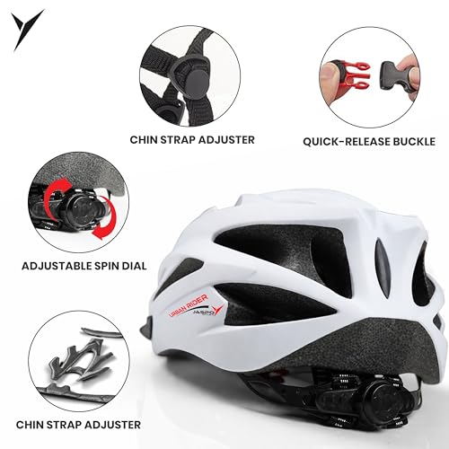 Image of Jaspo Urban Rider Plus Cycling Helmet with Adjustable Spin Dial (Upto 5cm) | Detahcable Visor | Quick-Release Buckle with Padded Chin Strap | Ideal for Men, Women & Kids (White, Large (58-63cm))