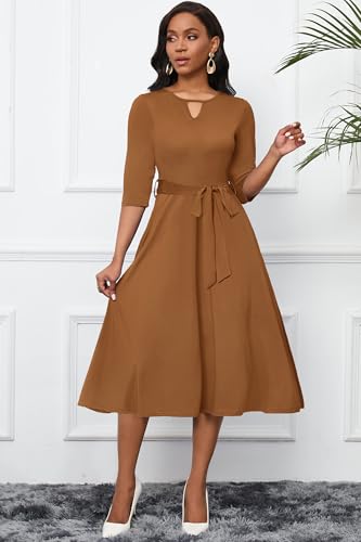 Image of CLOCOR Midi Dresses for Women Casual A-Line Fit and Flare Dress Crewneck 3 /4 Sleeve Keyhole Cocktail Party Church Dress