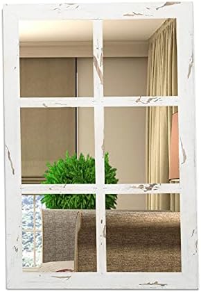 ironsmithn Wall Mirror Farmhouse Rectangular Window Mounted Decorative Long Hanging Wood Decoration for Bathroom Vanity, Living Room or Bedroom（White）