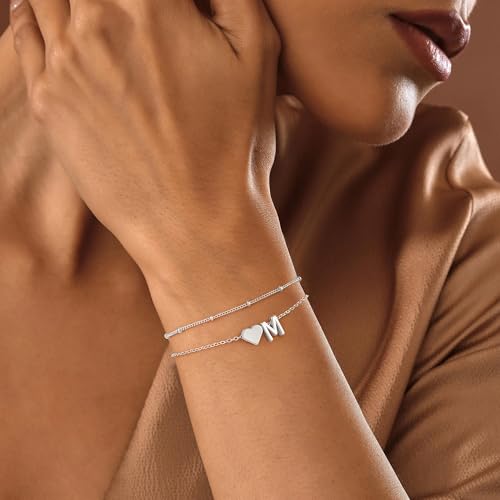 Image of M MOOHAM Initial Bracelets for Teen Girls - 14K-Gold-Plated Heart Initial A-Z Bracelets for Women Girl Jewelry Gifts Trendy, Dainty Gold Bracelet Letter Bracelet Birthday Gifts for Women Girls Her