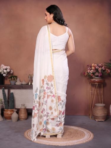Image of SAMANTHA Black Floral Print Ready to Wear Linen Saree with Pocket & Adjustable Belt