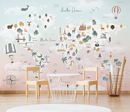 Murwall Kids Wallpaper Map Wallpaper For Girls Pink World Map Political Map Wall Mural Little Animal And Famous Place Wall Mural #TOP1