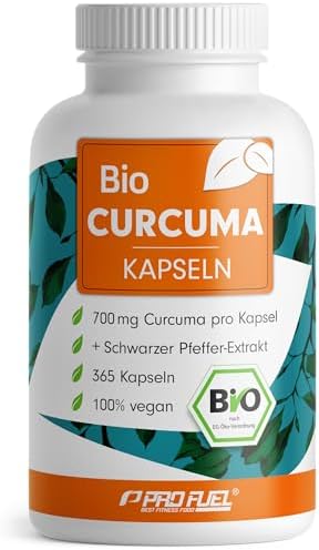 Bio Curcuma Kapseln 365x mit 700 mg Curcuma aus kontrolliert biologischem Anbau - optimal hochdosiert mit 35 mg Curcumin pro Kapsel - mit Schwarzem Pfeffer-Extrakt - Vorrat für 1 J
