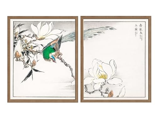 Chinese Bird and Magnolia Wall Art Poster Prints, Vintage Painting Photo Pictures, (Set of 2) Decor for Living Room, Bedroom, Bathroom AA33 (Chinese Bird and Magnolia, 11 x 14 inches (2 Panels), Wood Frame)