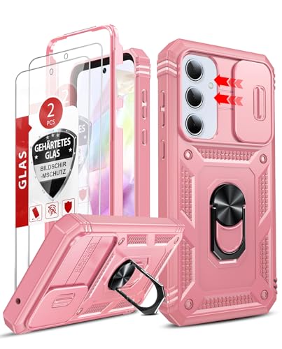 LeYi Compatible for Samsung A35-5G Case: Samsung Galaxy A35 5G Case with Screen Protector X2, Duel Layer Heavy Duty Protection, Camera Cover & Magnetic Kickstand for Galaxy A35 5G Phone Case, Pink