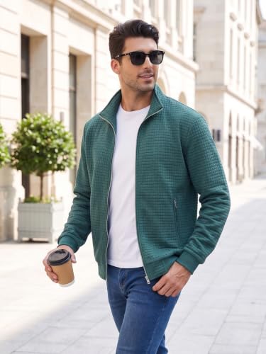 Satankud Men's Jacquard Waffle PlaidCloth Bright Metal Zipper Lightweight Jacket Blackish Green Medium — view 5