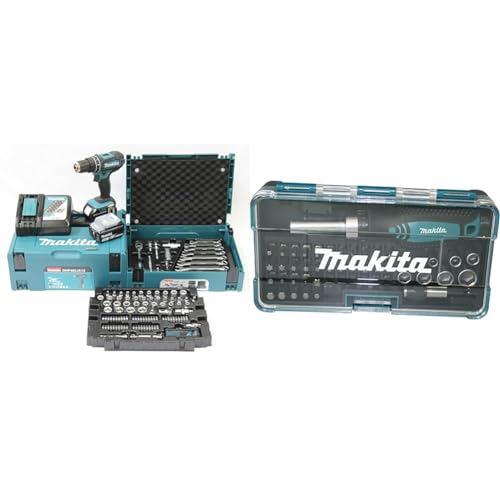 Makita DHP482JX13 Akku-Schlagbohrschrauber 18V / 3,0 Ah, 2 Akkus + Ladegerät im MAKPAC + 120-tlg. Zubehör-Set im MAKPAC Petrol/Schwarz & Ratschen und Bit-Set 47-teilig, B-36170, Mehrfarbig